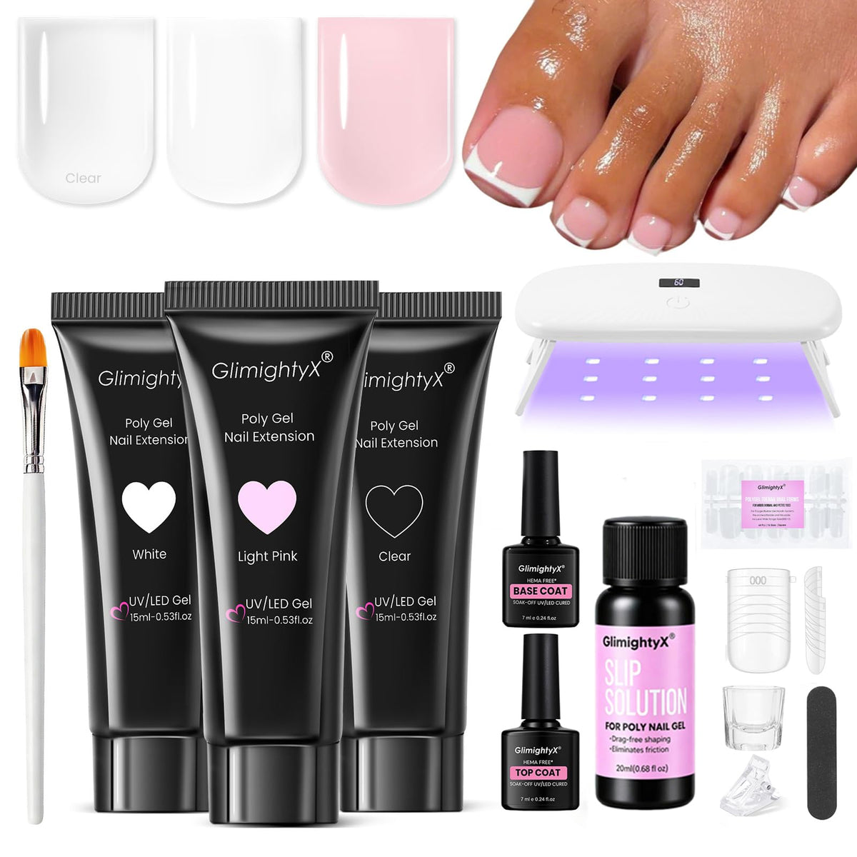 GlimightyX Polygel Toenail Starter Kit complete set with UV lamp