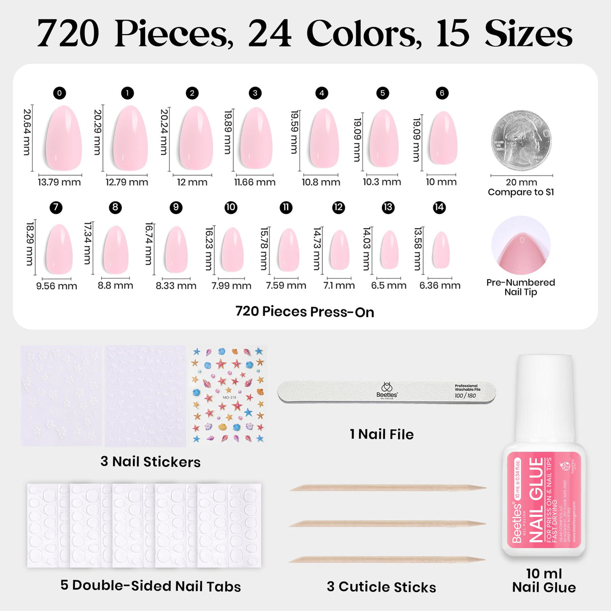 Glitter and solid colour press on nails in Beetles kit