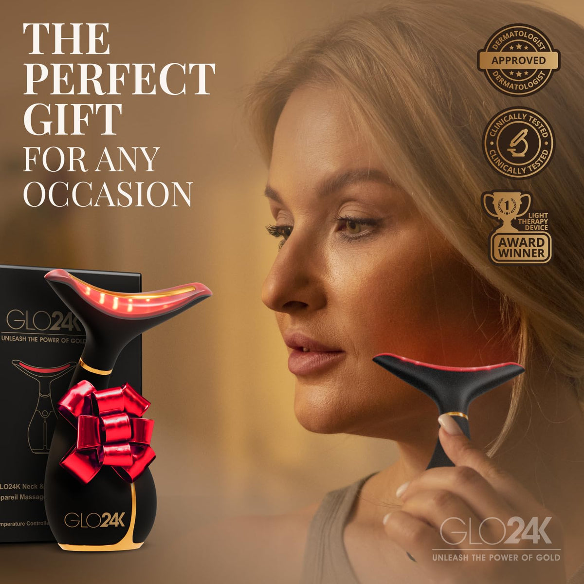GLO24K LED Facial Massager in use on neck and jawline