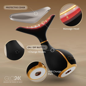 GLO24K LED Facial Massager with USB-C charging cable and cover