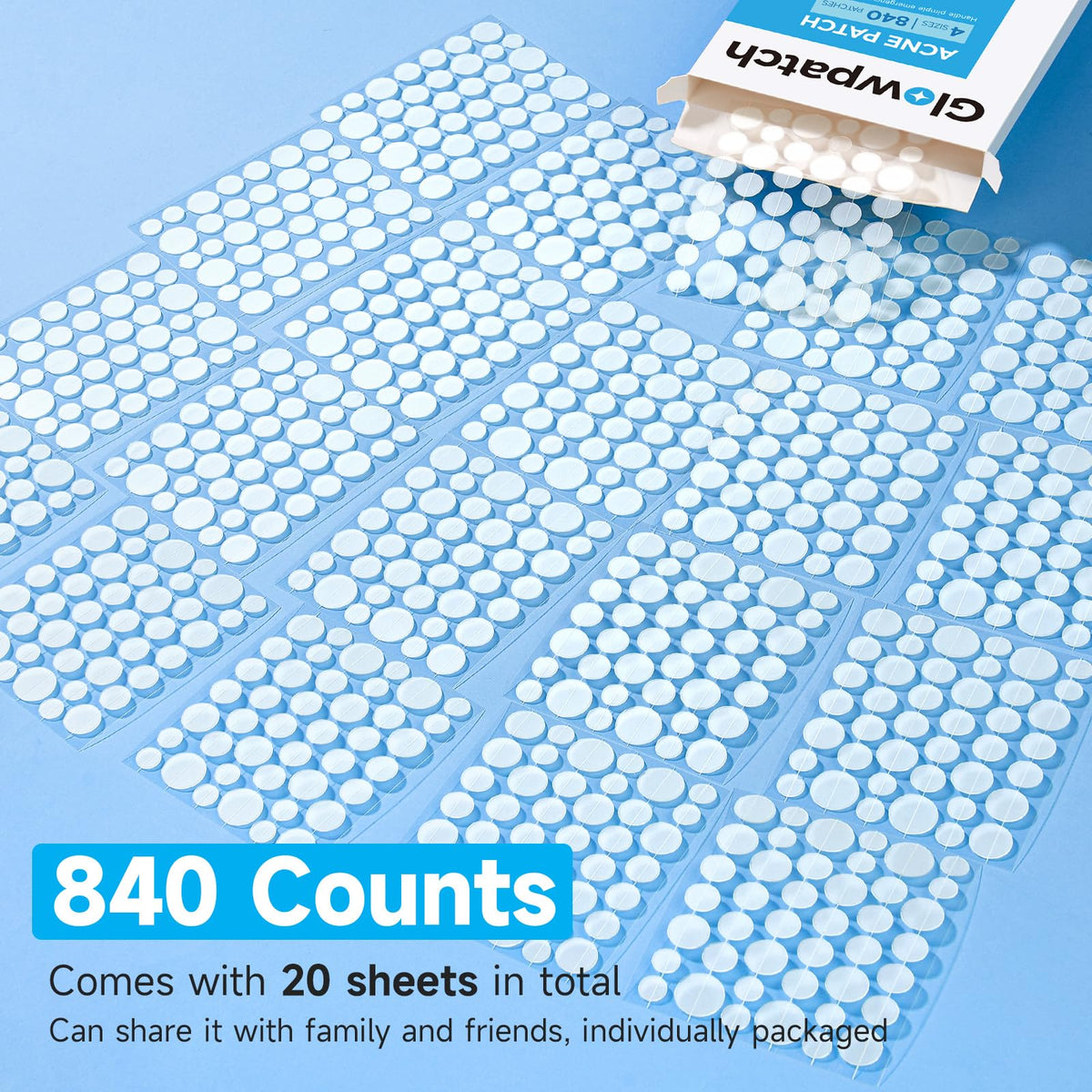 Glowpatch pimple patches showing 4 sizes on a sheet