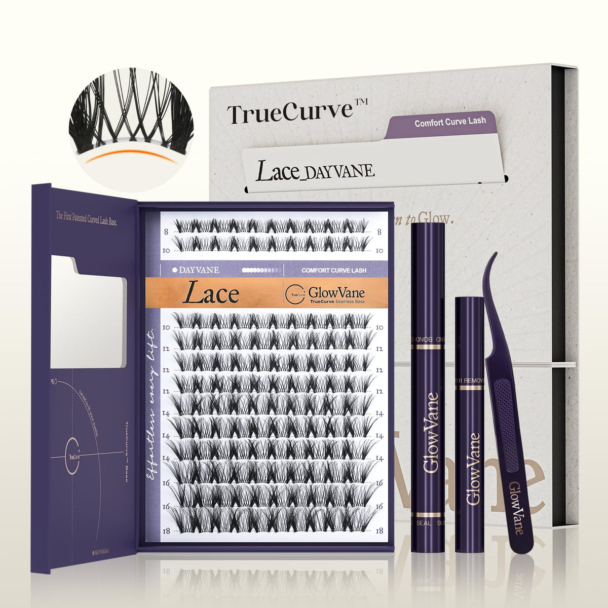 GlowVane TrueCurve Lash Clusters Kit front view with packaging