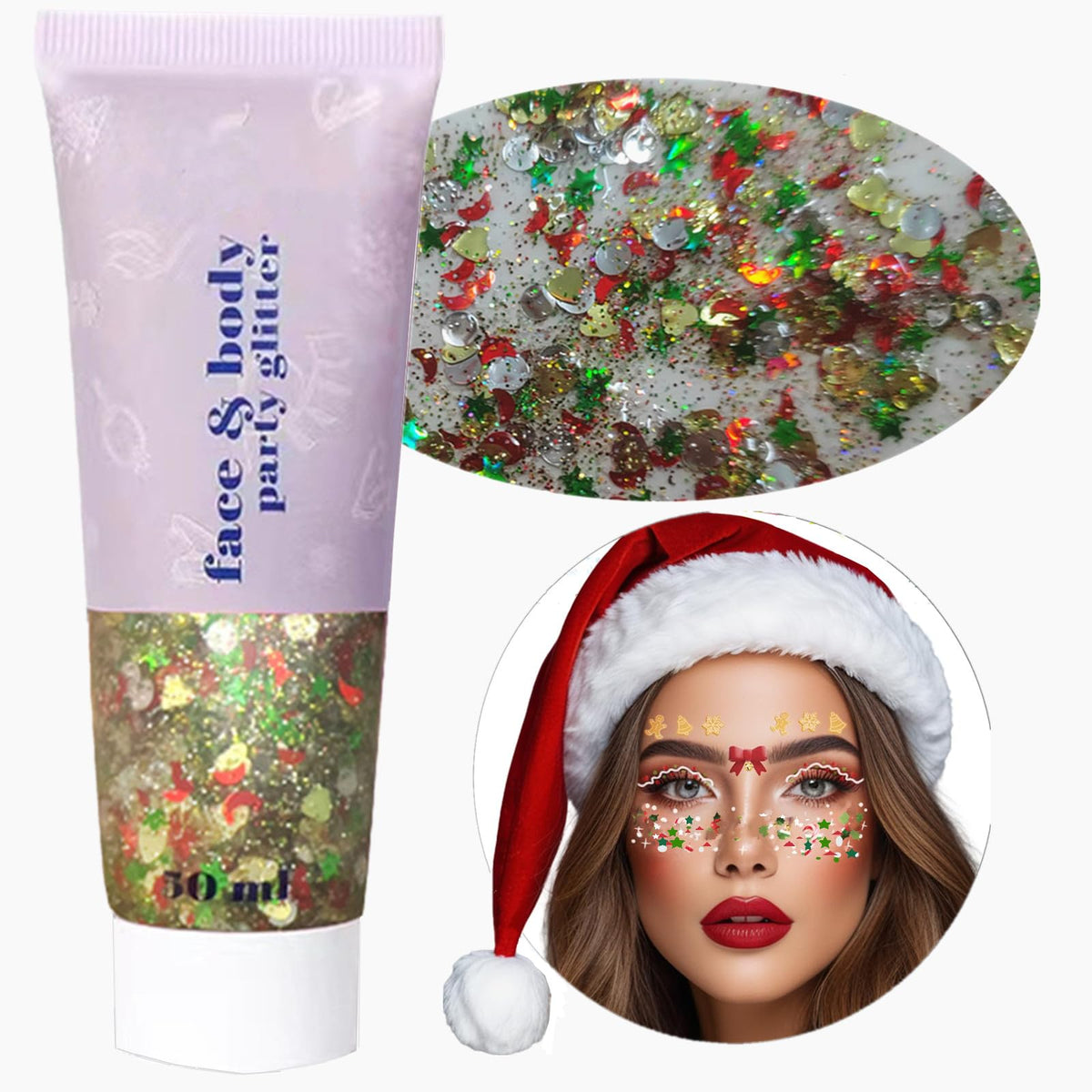 Go Ho Christmas Body Glitter Gel front view with holographic effect