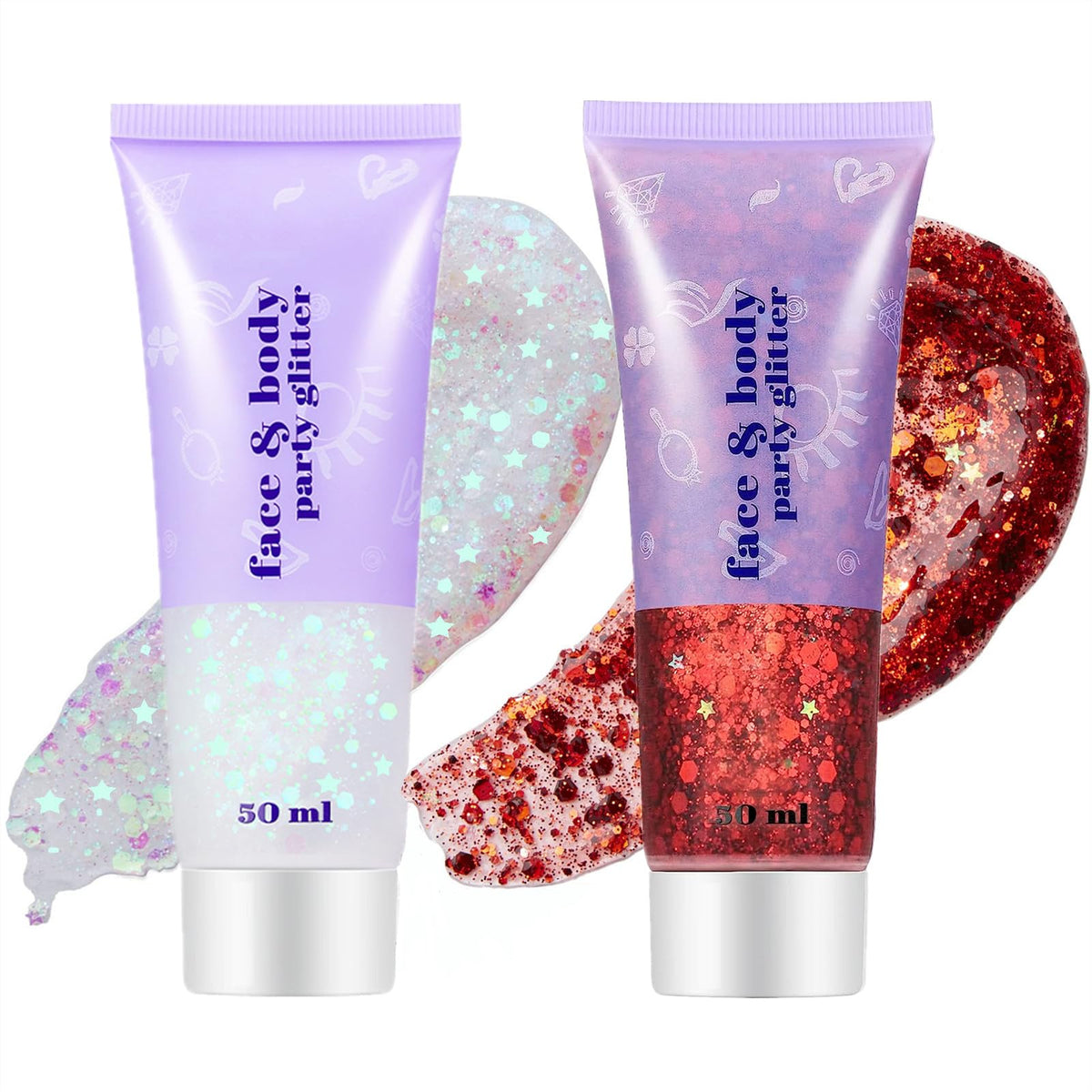 Go Ho Red and White Body Glitter Set front view with holographic effect