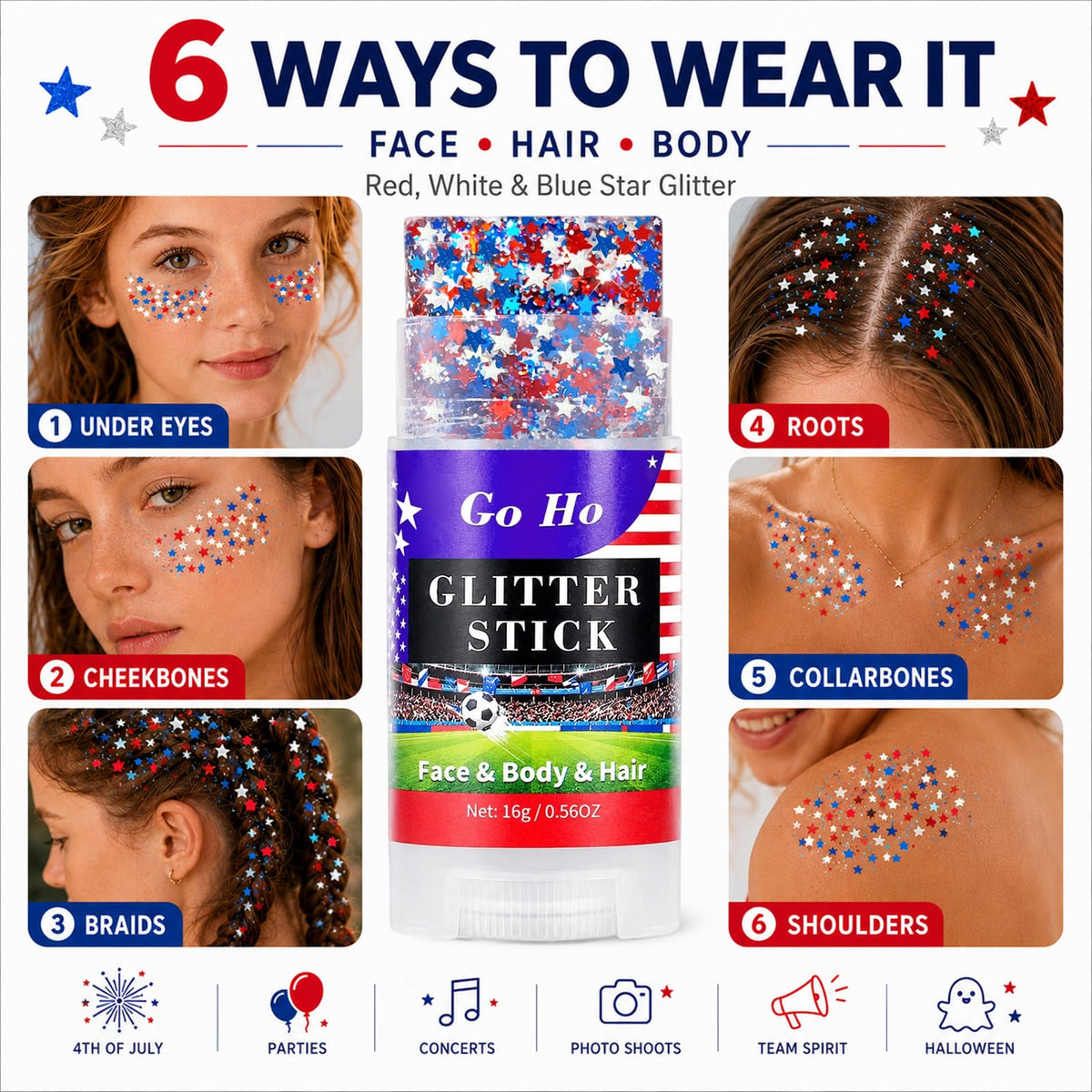 Go Ho Red White and Blue Star Glitter Stick in festive setting