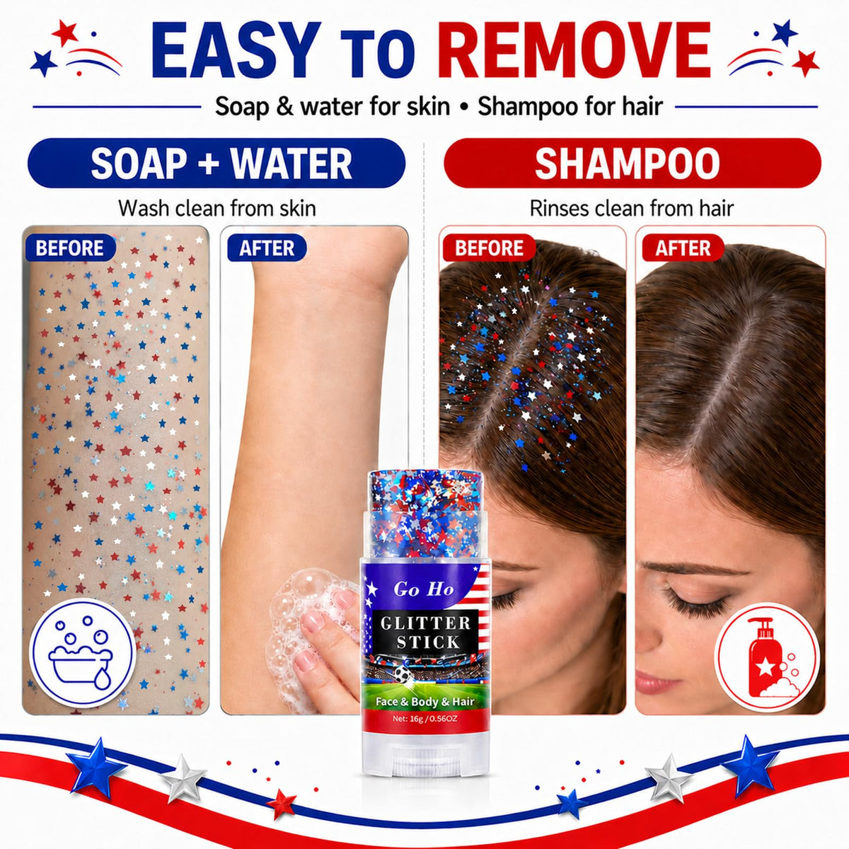 Go Ho Red White and Blue Star Glitter Stick on hair