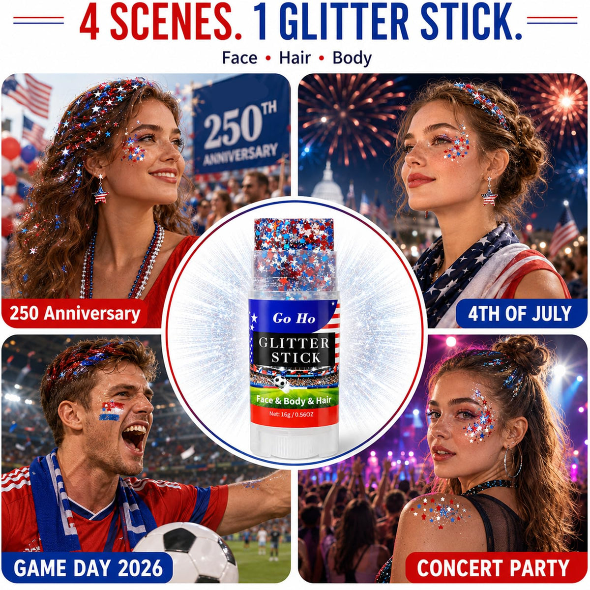 Go Ho Red White and Blue Star Glitter Stick packaging