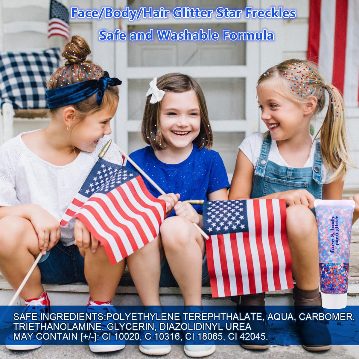 Go Ho Star Face Body Hair Glitter Gel application on face for 4th of July