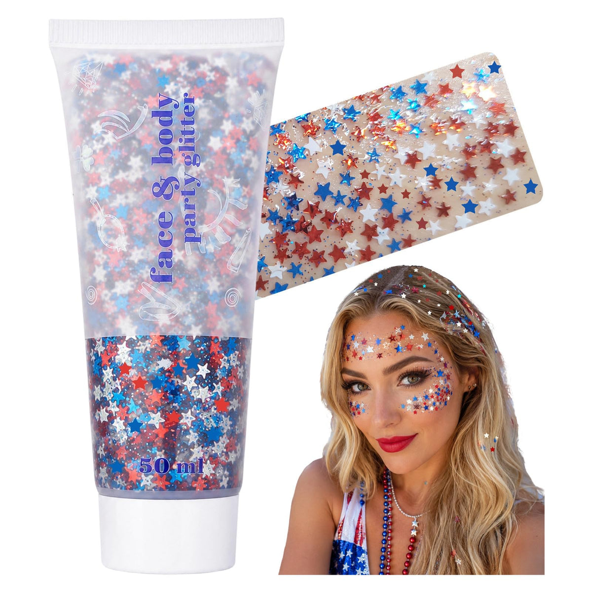 Go Ho Star Face Body Hair Glitter Gel front view with red, white, and blue sequins