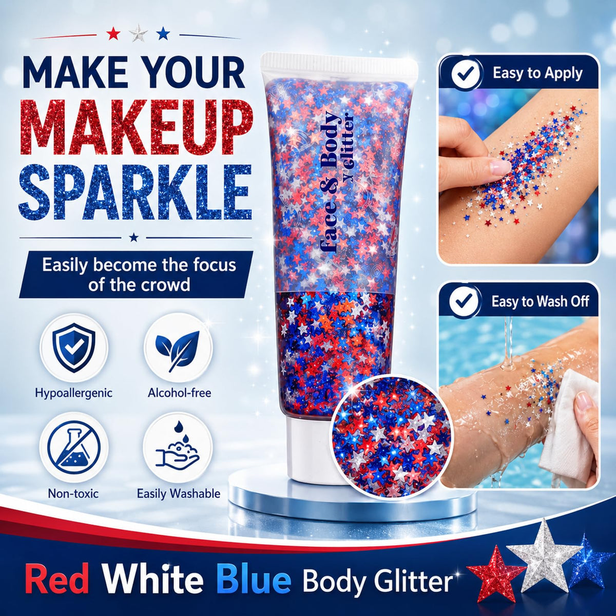 Go Ho Star Face Body Hair Glitter Gel with a patriotic outfit