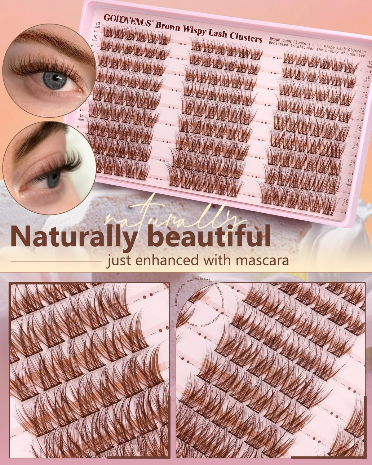 Goddvenus Brown Wispy Lash Clusters application process with tweezers