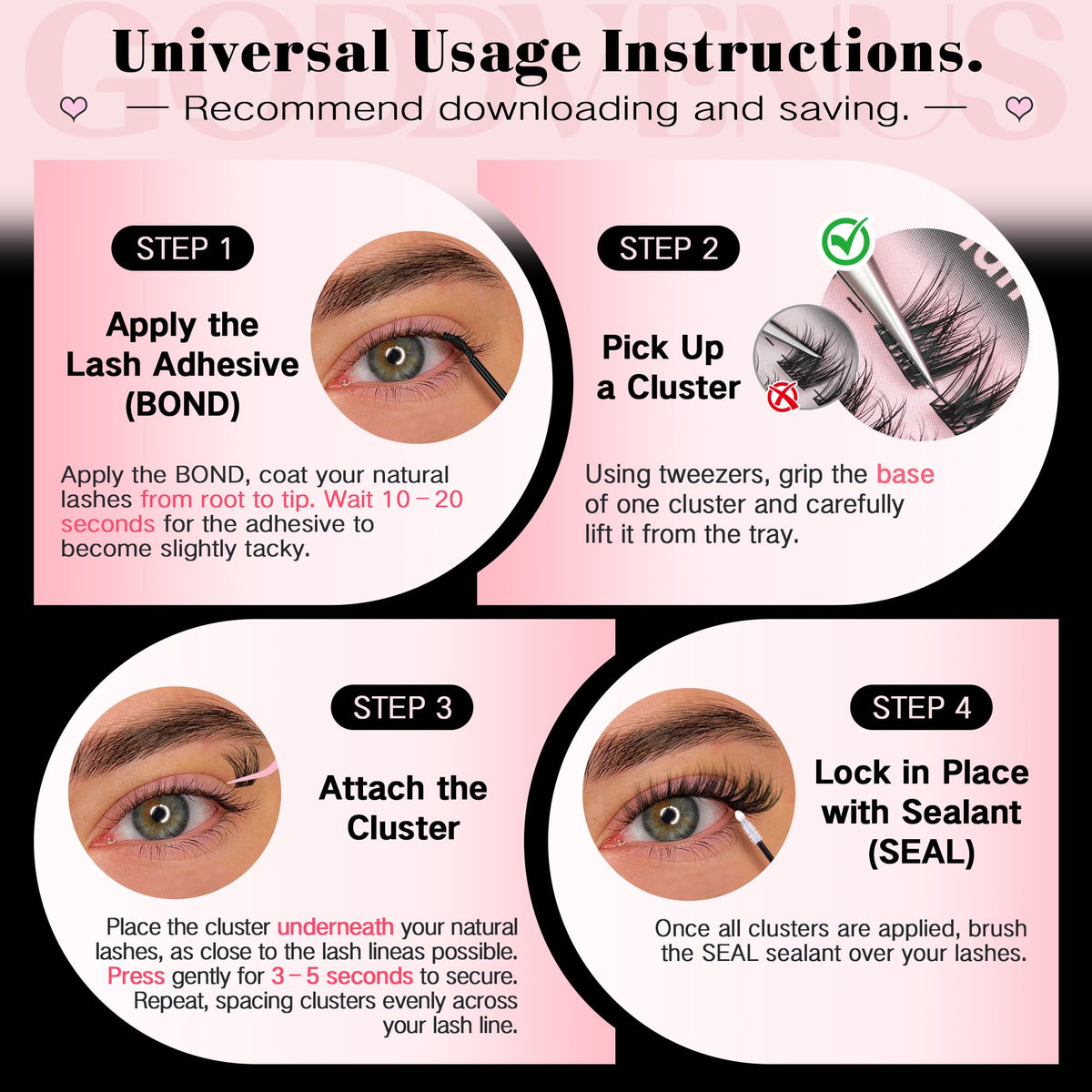 Goddvenus D Curl lashes in various styles laid out