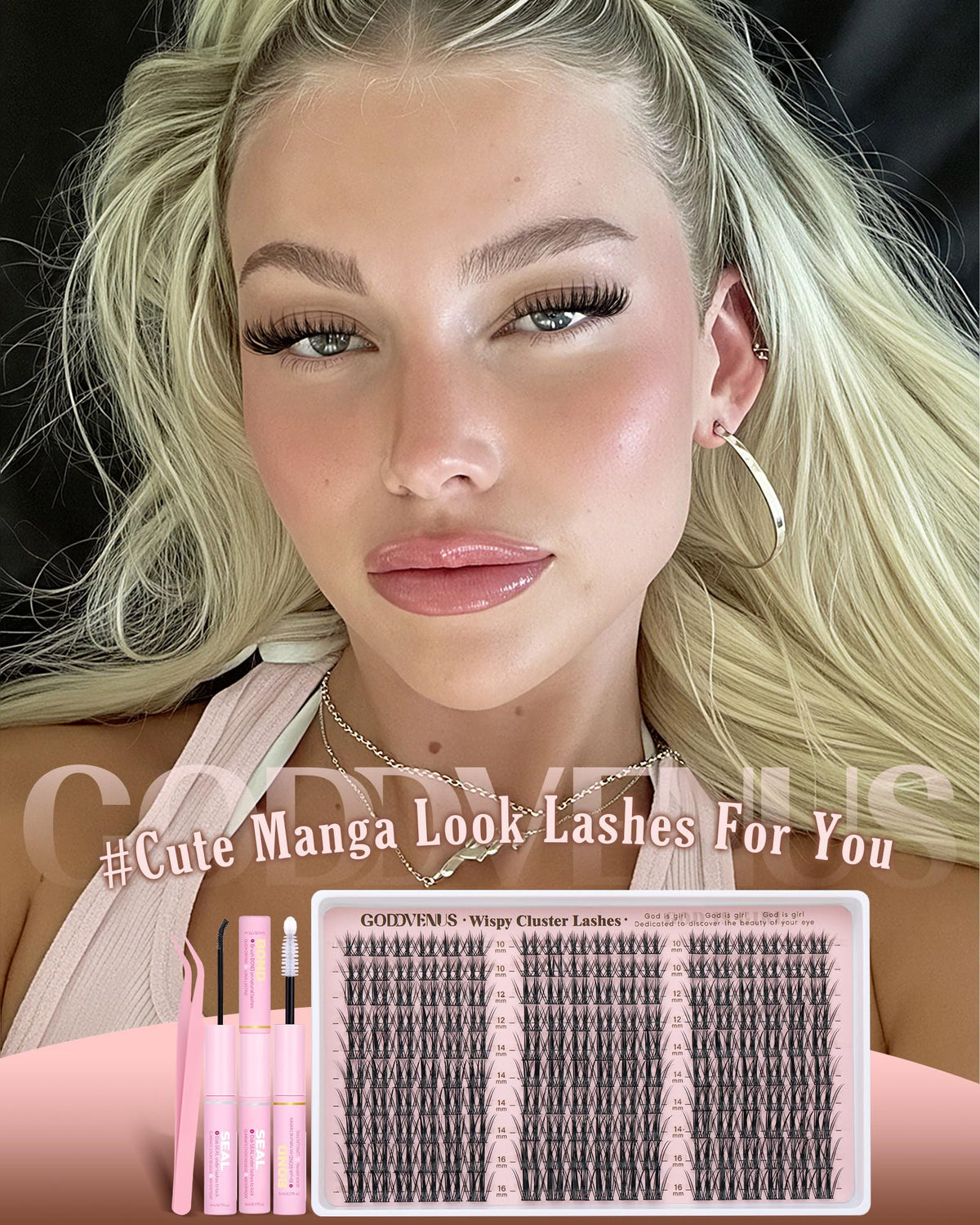 Goddvenus lash clusters applied on model's eyes