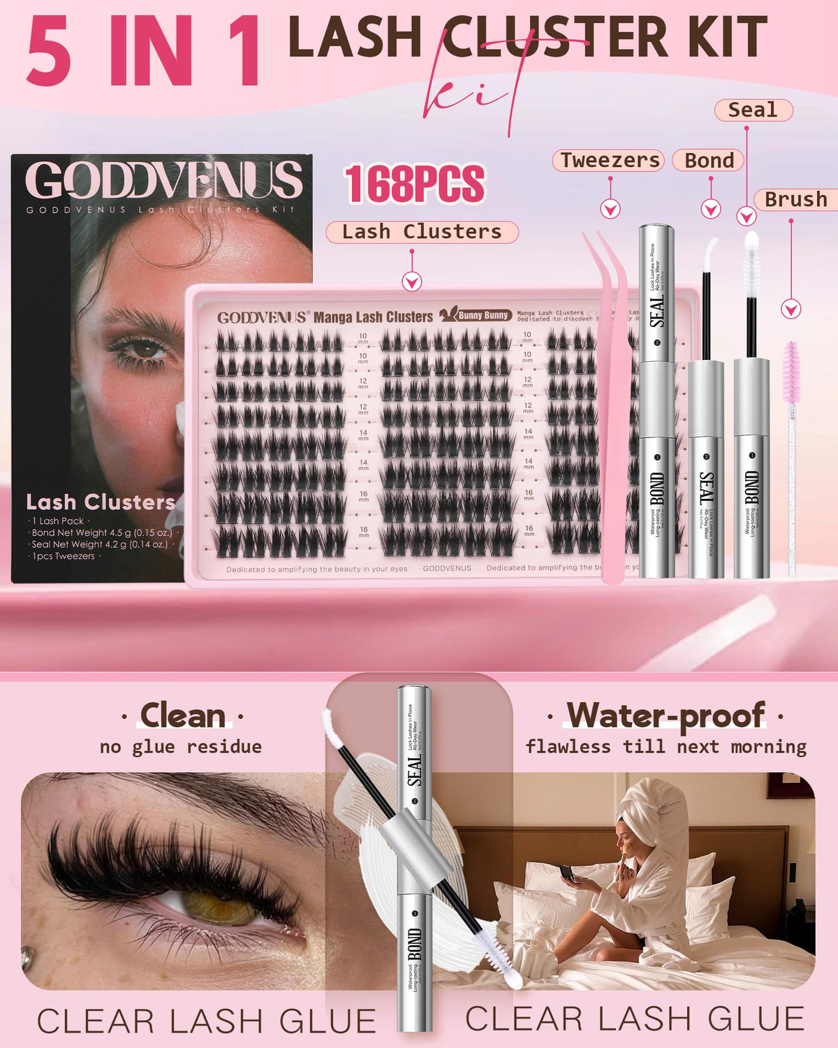 Goddvenus lash clusters displayed with clear bond and seal