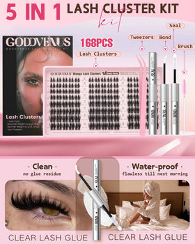 Goddvenus lash clusters displayed with clear bond and seal