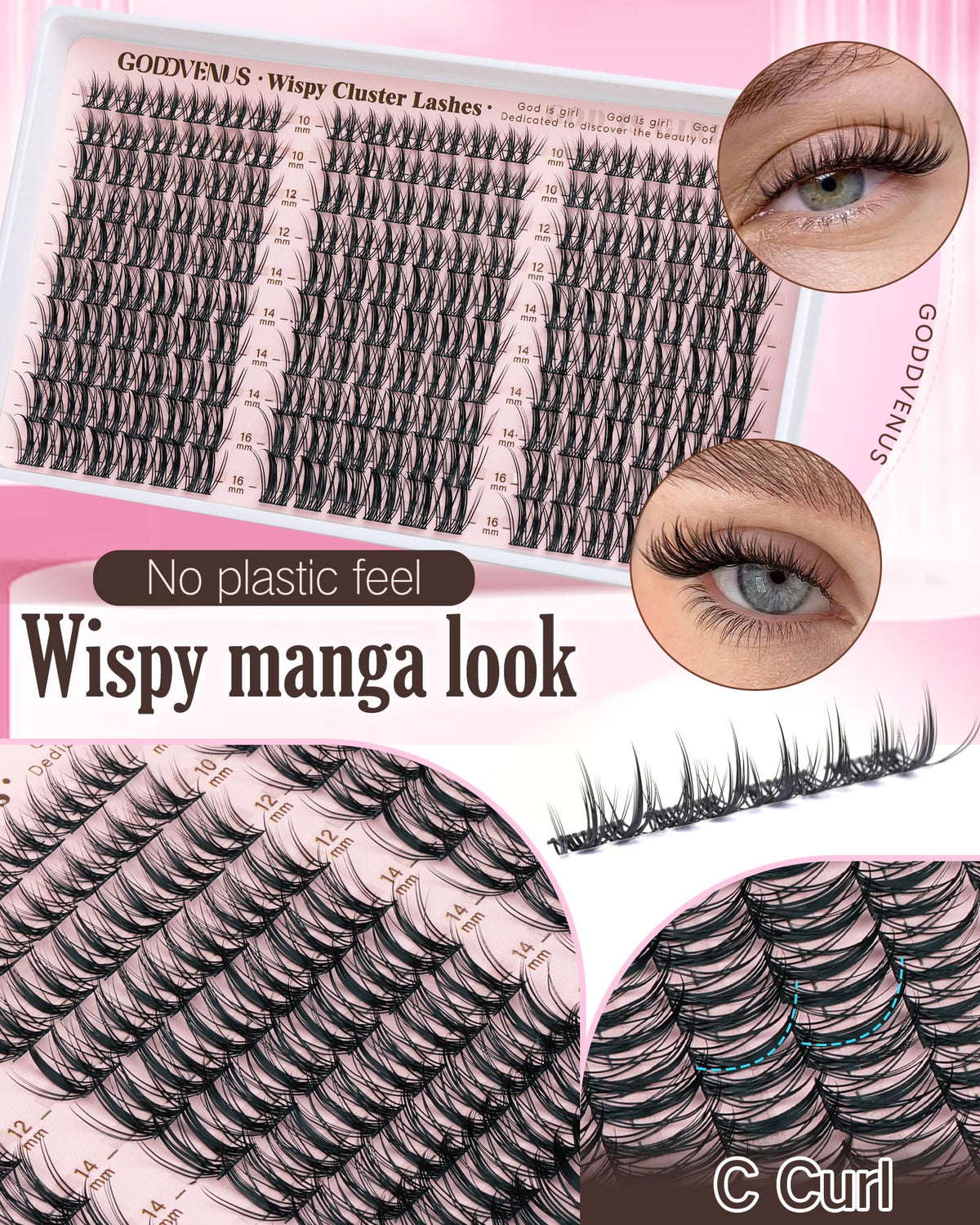 Goddvenus lash clusters in various lengths displayed
