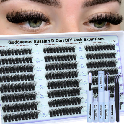 Goddvenus Lash Clusters Kit showing 12mm, 14mm, and 16mm lashes