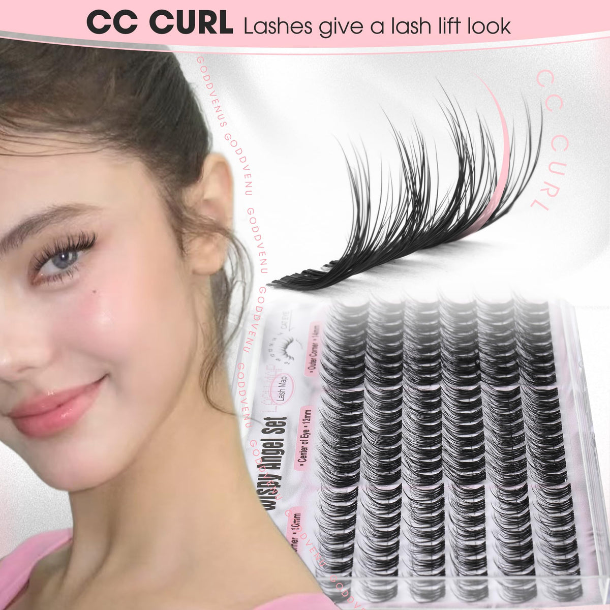 Goddvenus Short Wispy Lash Clusters set displayed with makeup tools