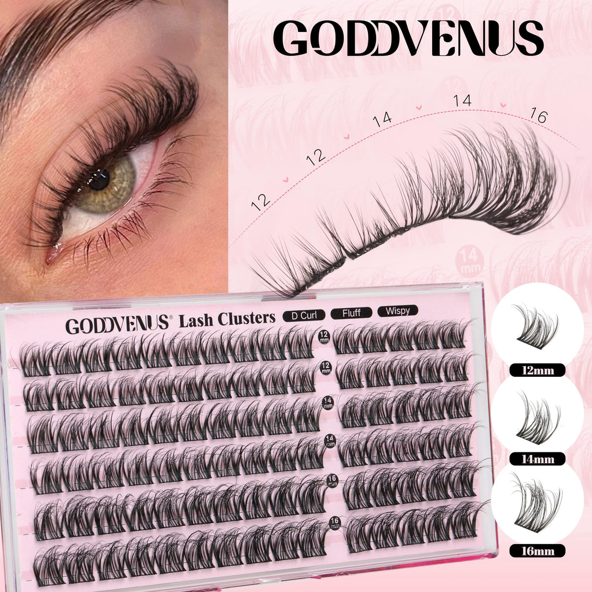 Goddvenus Wispy Lash Clusters displayed in a beauty setup