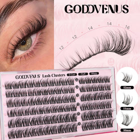 Goddvenus Wispy Lash Clusters displayed in a beauty setup