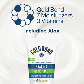 Gold Bond Healing Sensitive Daily Body & Face Lotion 21 oz in a bathroom setting