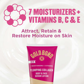 Gold Bond Plumping Collagen Body and Face Serum Lotion 4.3 oz on a bathroom counter