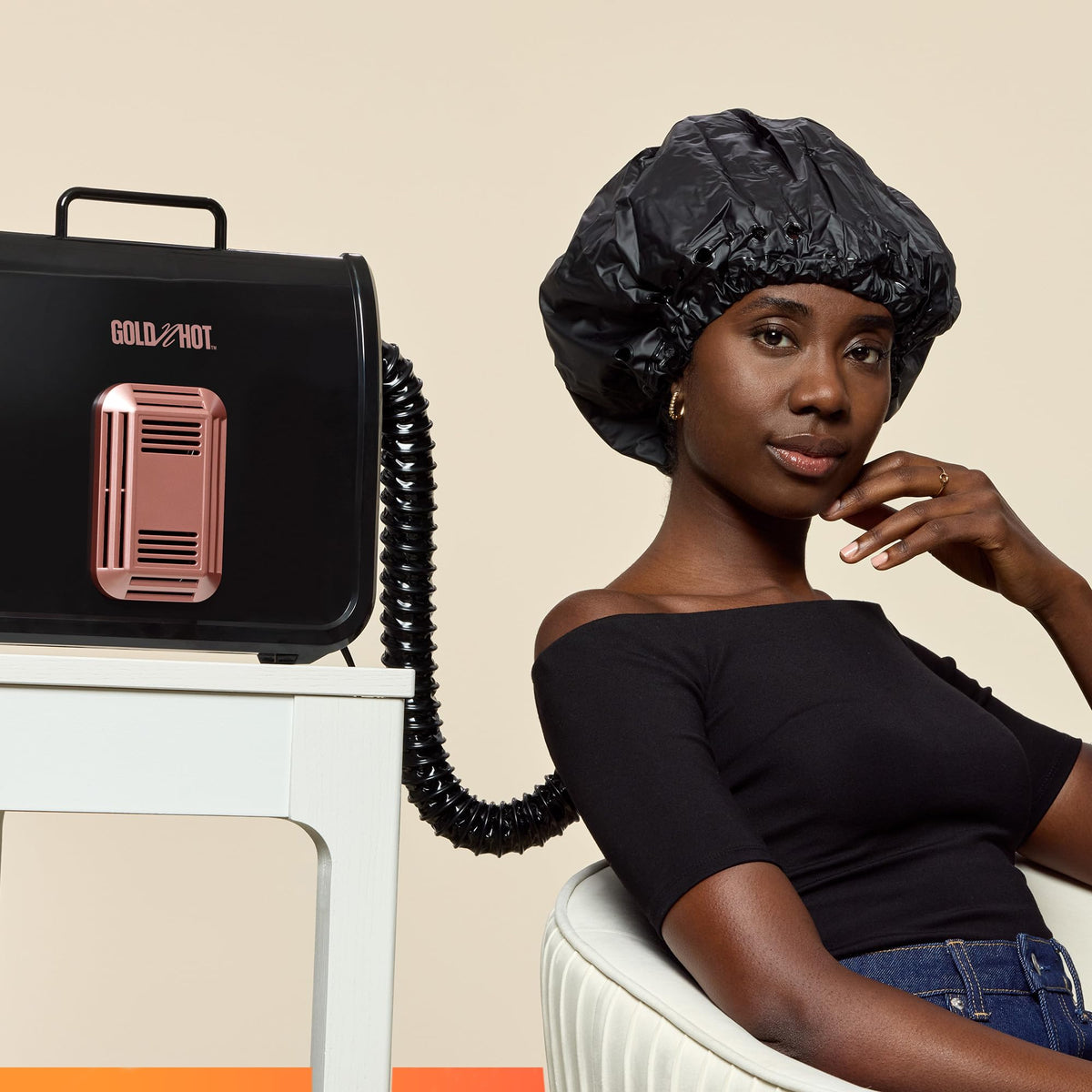 Gold N Hot Ionic Soft Bonnet Dryer in use with model