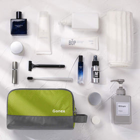Gonex Toiletry Bag dimensions displayed with toiletries