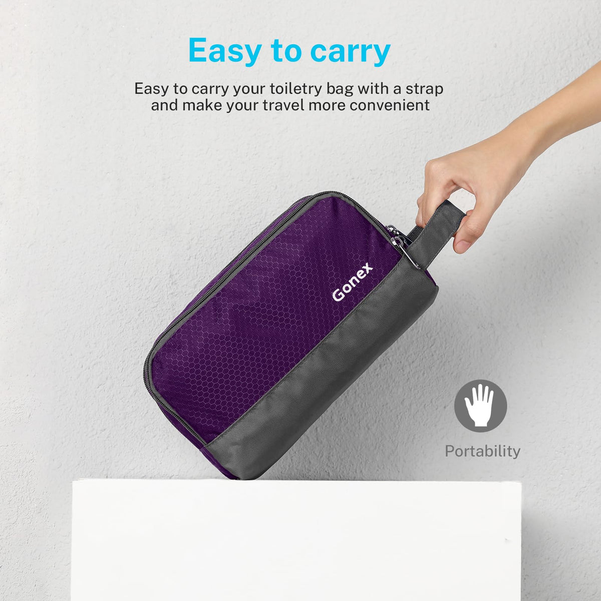 Gonex Travel Toiletry Bag dimensions displayed on a table