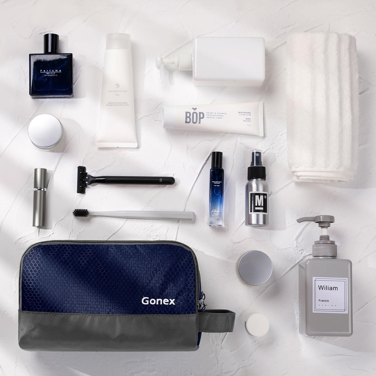 Gonex Travel Toiletry Bag in lifestyle setting on a bathroom counter