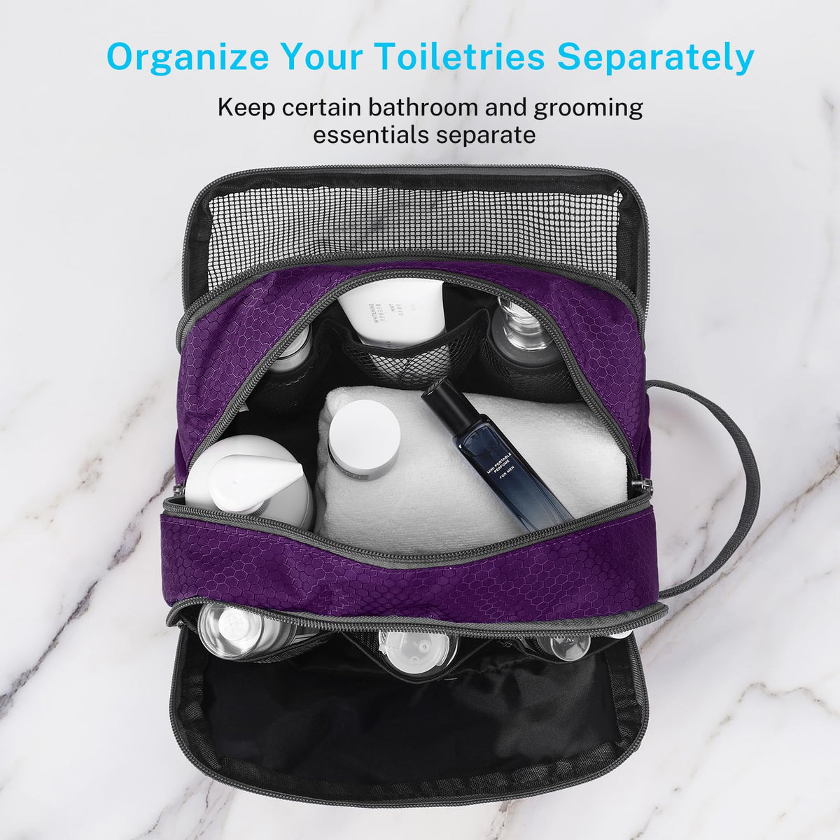 Gonex Travel Toiletry Bag with toiletries inside for demonstration