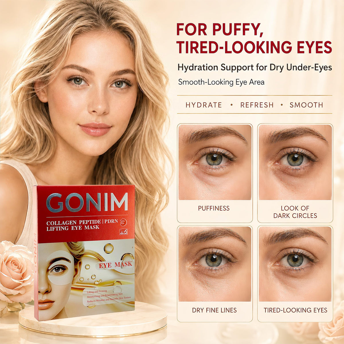 GONIM Under Eye Patches applied on model's face