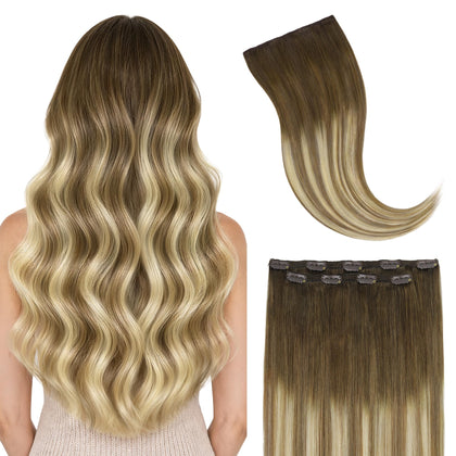 GOO GOO 24-inch clip in hair extensions front view in balayage walnut brown to ash brown