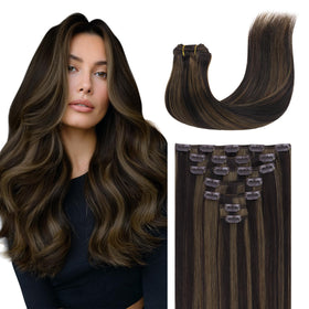 GOO GOO Clip in Hair Extensions 12inch dark brown highlighted chestnut brown front view