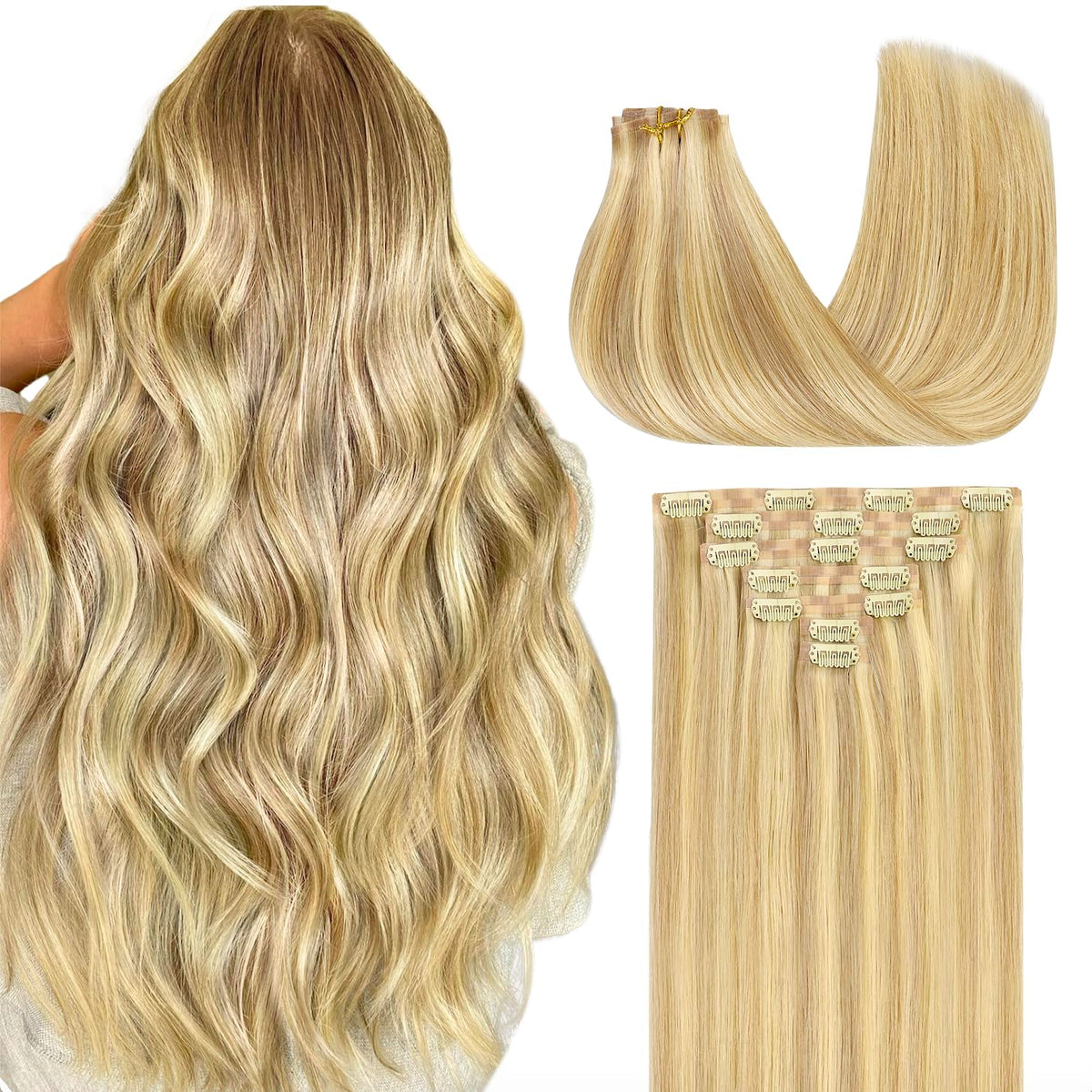 GOO GOO Clip in Hair Extensions 12inch with Dirty Blonde Highlights front view