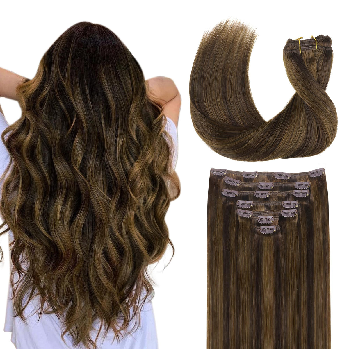 GOO GOO Clip in Hair Extensions 14inch Brown Sugar Swirl highlights front view