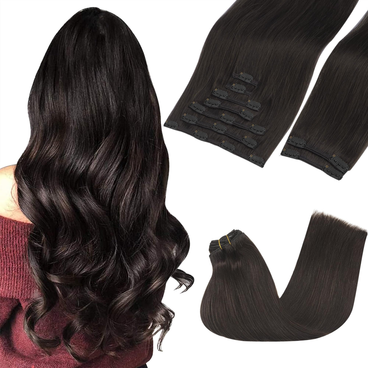 GOO GOO Clip in Hair Extensions 14inch Dark Brown front view