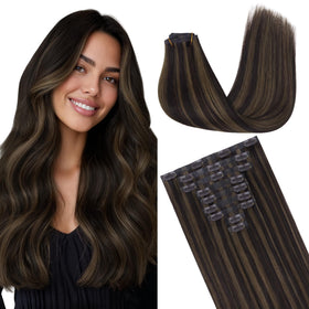 GOO GOO Clip in Hair Extensions 14inch dark brown highlighted chestnut brown front view