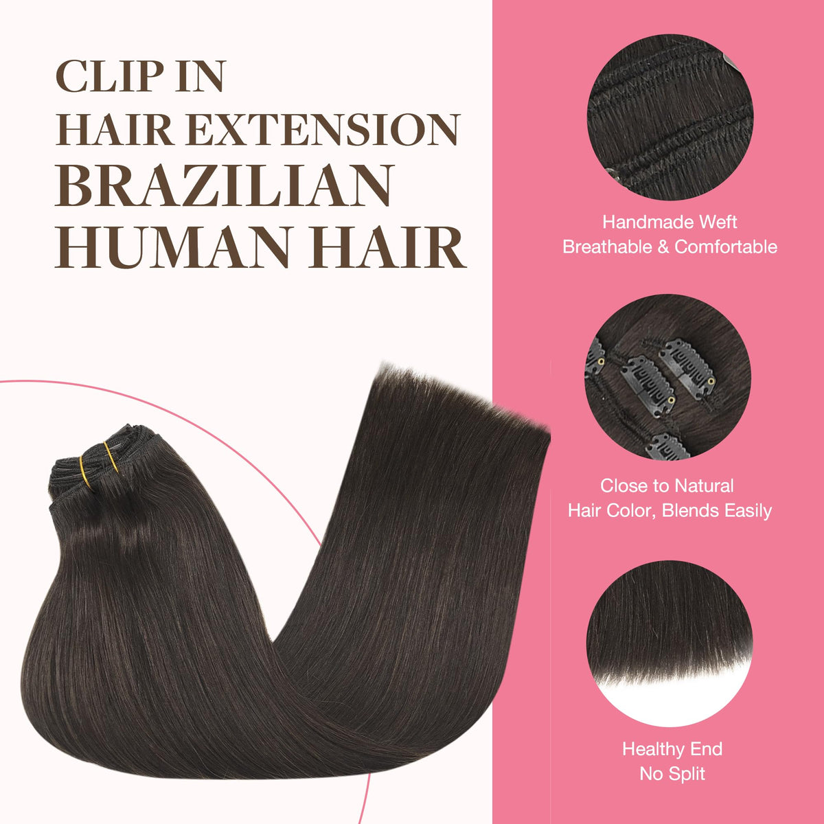 GOO GOO Clip in Hair Extensions 14inch Dark Brown styled
