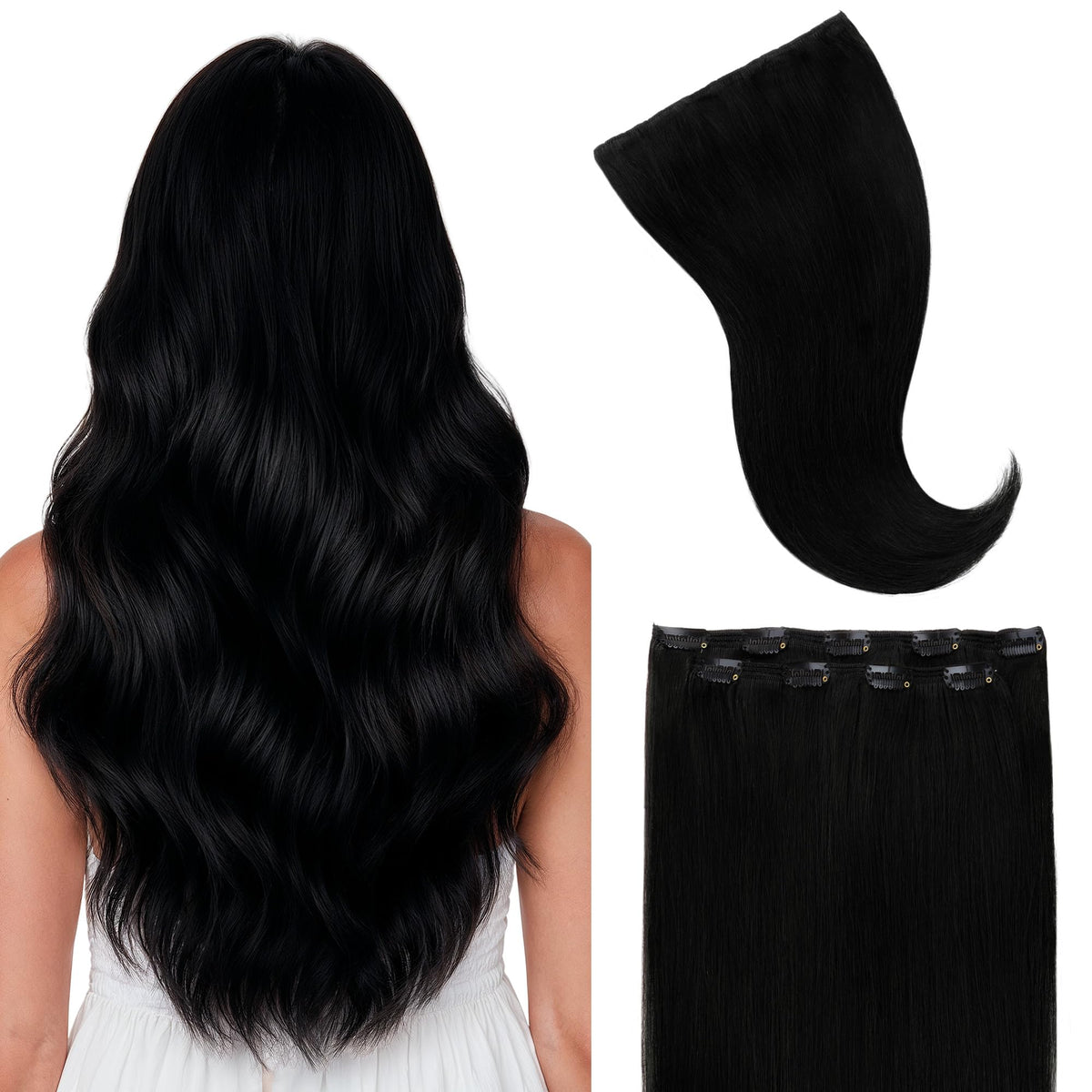 GOO GOO Clip in Hair Extensions 14inch Jet Black front view