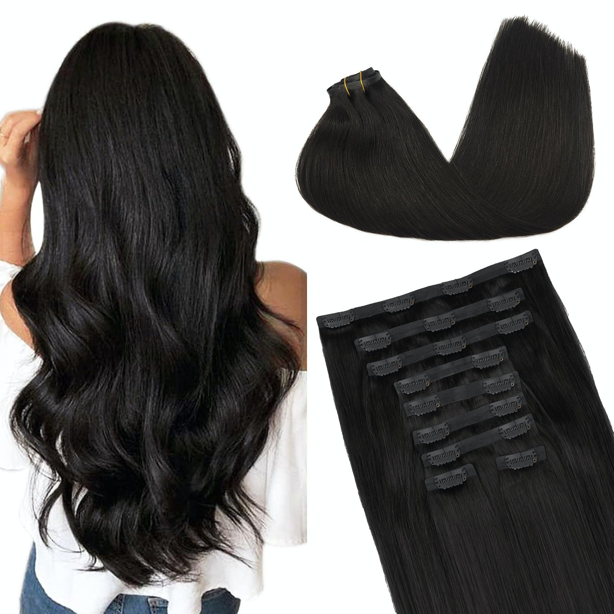 GOO GOO Clip in Hair Extensions 14inch natural black front view