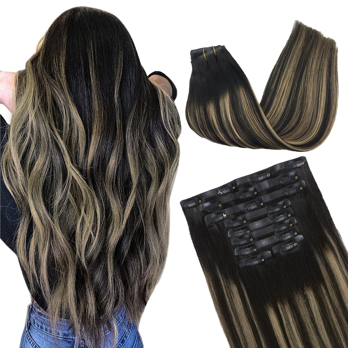 GOO GOO Clip in Hair Extensions 14inch natural black to chestnut brown front view