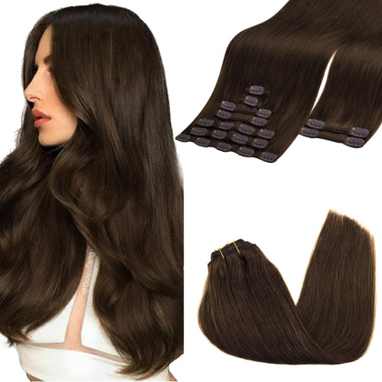 GOO GOO Clip in Hair Extensions 150g 18inch Chocolate Brown front view