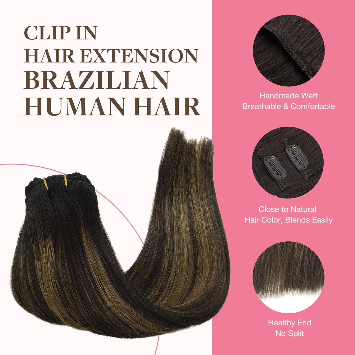 GOO GOO Clip in Hair Extensions 16inch 150g Balayage close-up of clips