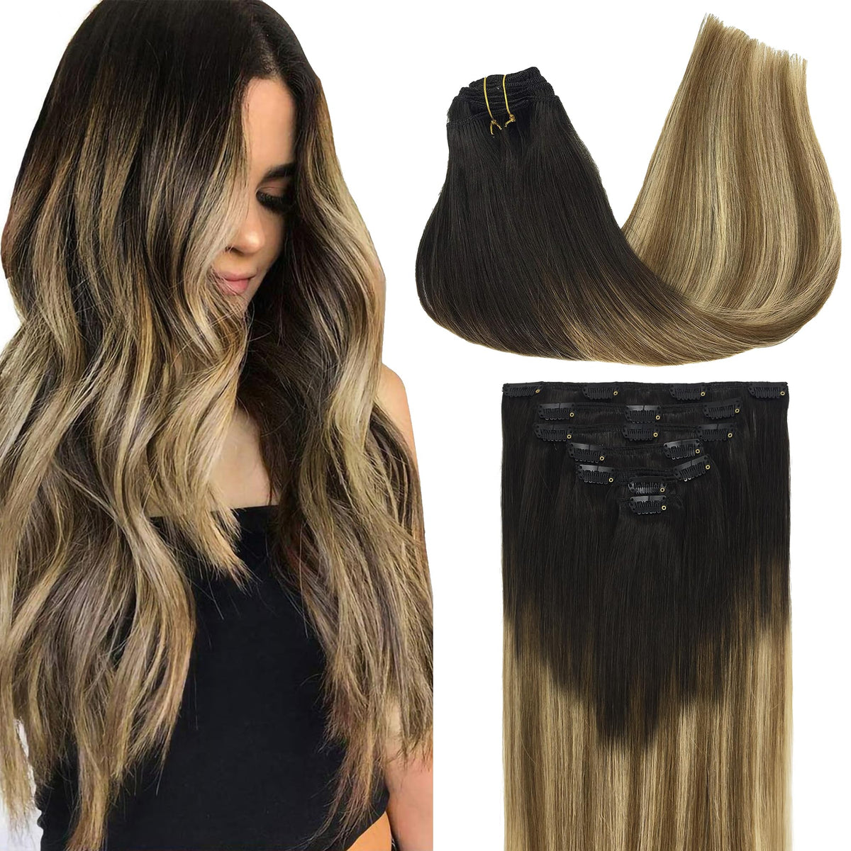 GOO GOO Clip in Hair Extensions 16inch Balayage Brown to Blonde front view