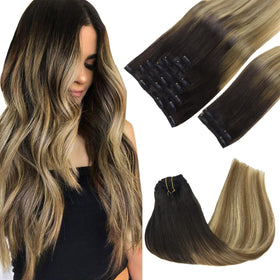 GOO GOO Clip in Hair Extensions 16inch Balayage Brown to Dirty Blonde front view