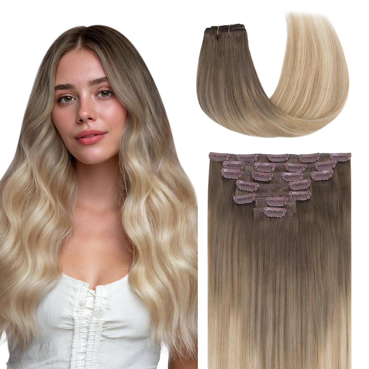 GOO GOO Clip in Hair Extensions 16inch chocolate brown to champagne blonde balayage front view