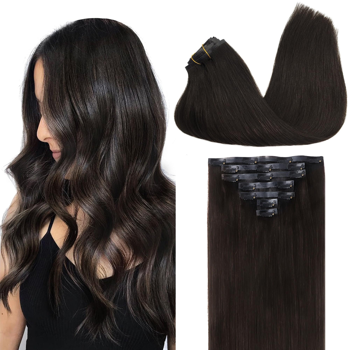GOO GOO Clip in Hair Extensions 16inch Dark Brown front view
