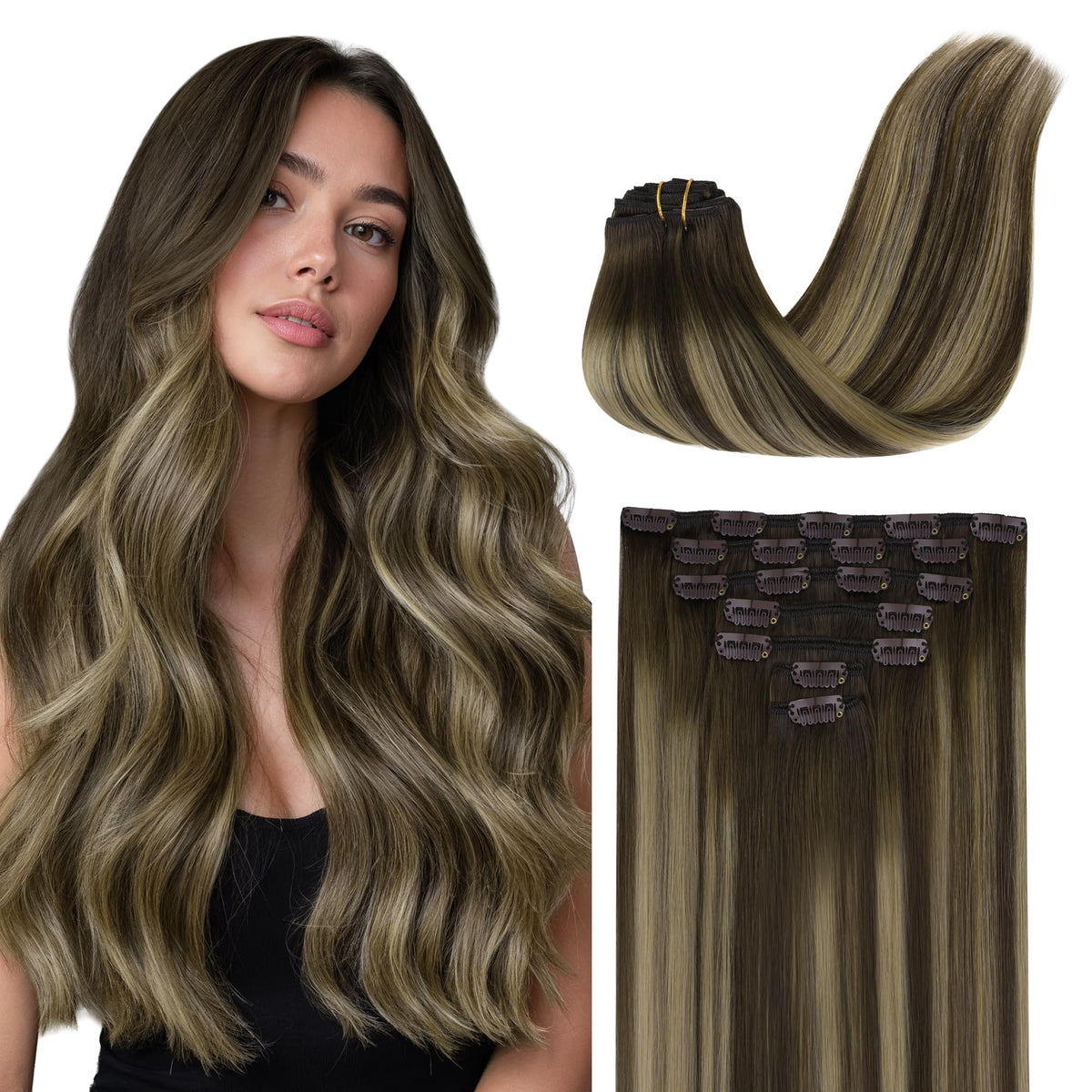 GOO GOO Clip in Hair Extensions 16inch front view in balayage