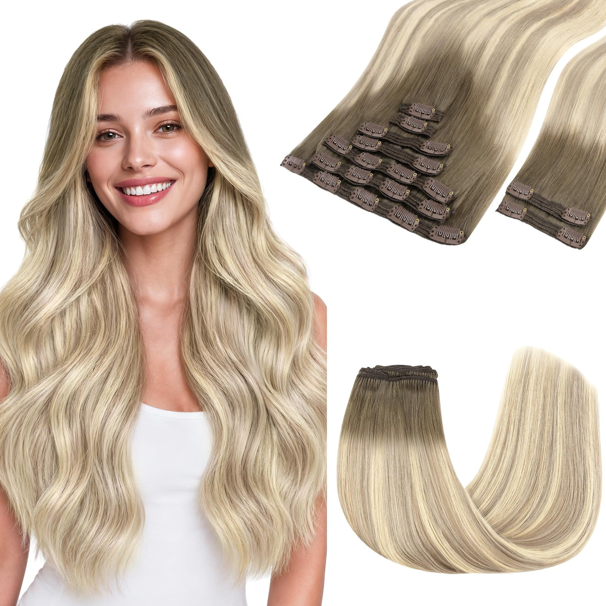 GOO GOO Clip in Hair Extensions 16inch Iced Latte Cream Blonde front view